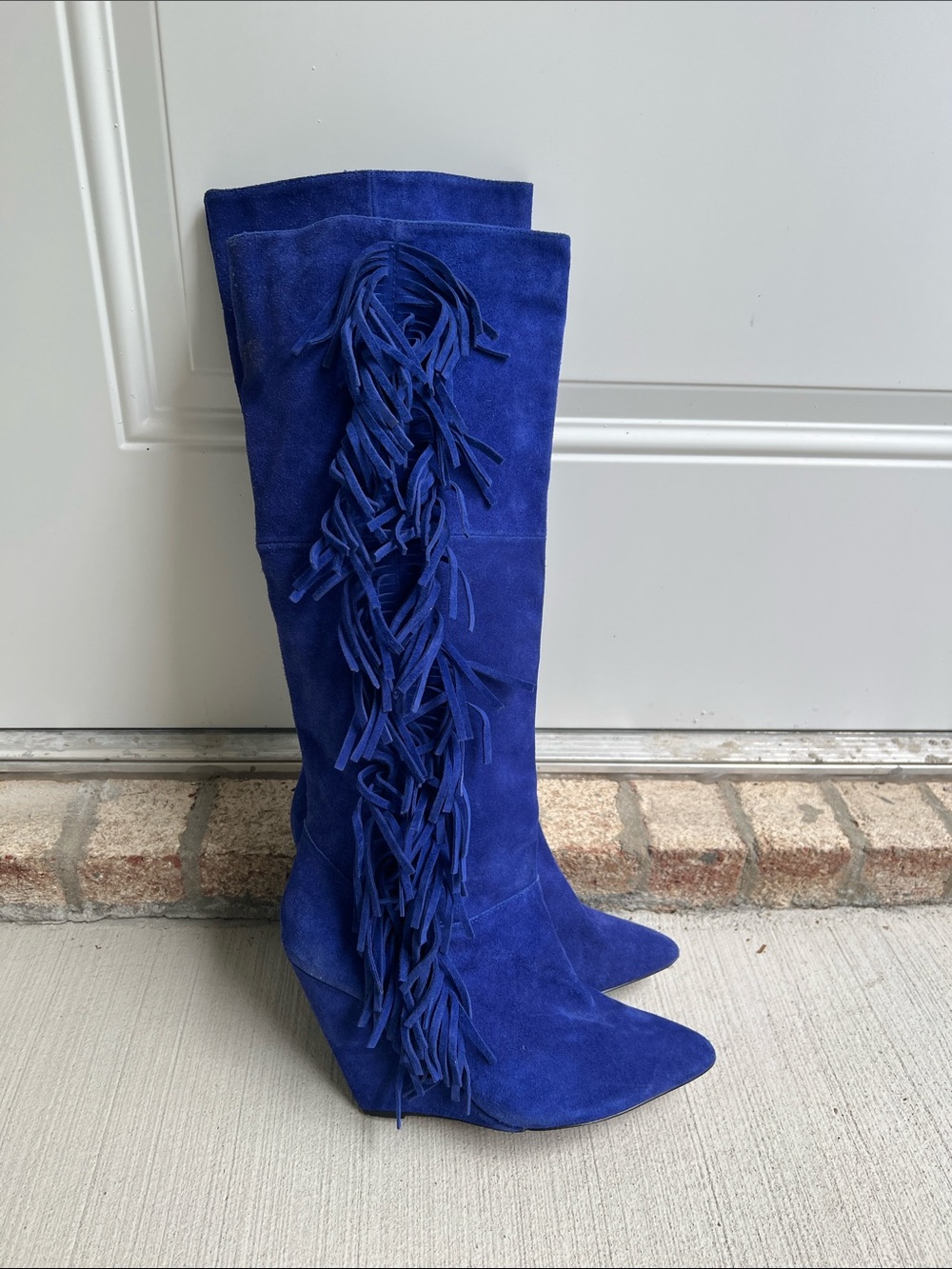 Betsey Johnson Zohara Royal Blue Suede Fringe Boho Knee Boots Size 8.5 - Picture 3 of 13